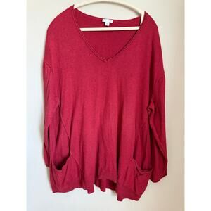 J.Jill Poppy Red VNeck Pullover Sweater with Pockets Size 2X 3/4 Sleeves Cotton